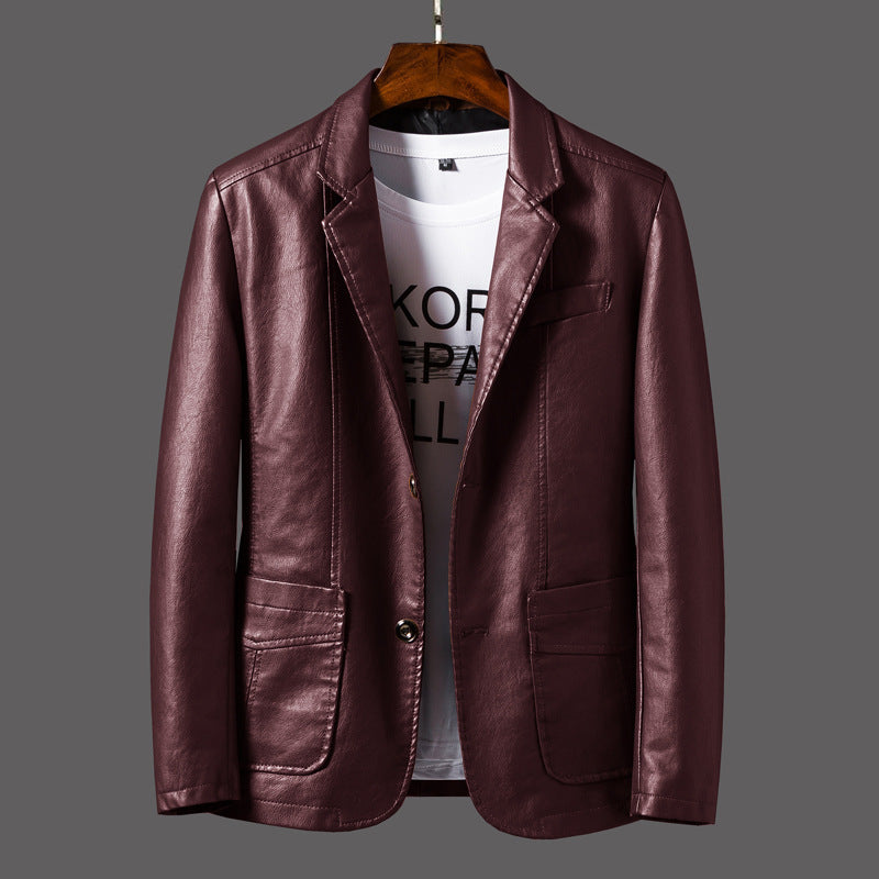 Men's Casual Notched Collar 2 Button Slim Moto Faux Leather Blazer Suit Jacket