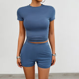 NEW Stylish Women Solid Color Round Neck Short Sleeve Casual Sport Short Outfits
