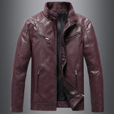 Mens Bomber Faux Leather Jacket Stand Collar Fleece Lined