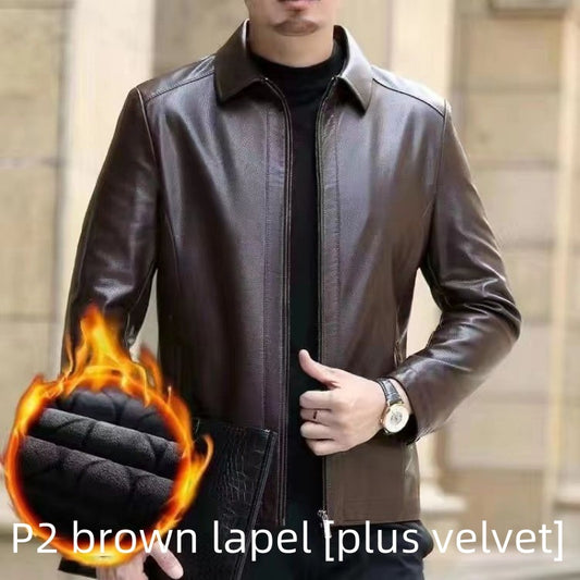 Mens Leather Jacket Stand Collar Men Fleece-lined