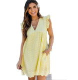 ladies Lace Dresses With Pocket Summer Sleeveless Jacquard Cutout V-Neck Beach Dress