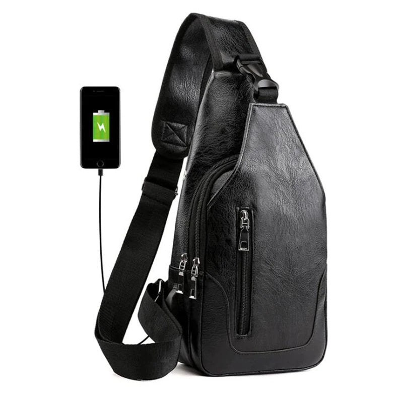Leather Sling Bag Mens Crossbody Bag Chest Bag Sling Backpack for Men with USB Charge Port