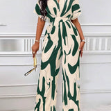 Womens Fashion V-neck Loose Printed Long Jumpsuit