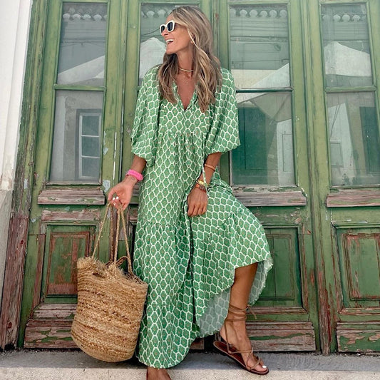 Women Summer Short Sleeve V Neck Casual Loose Beach Dress Ladies Long  Dresses