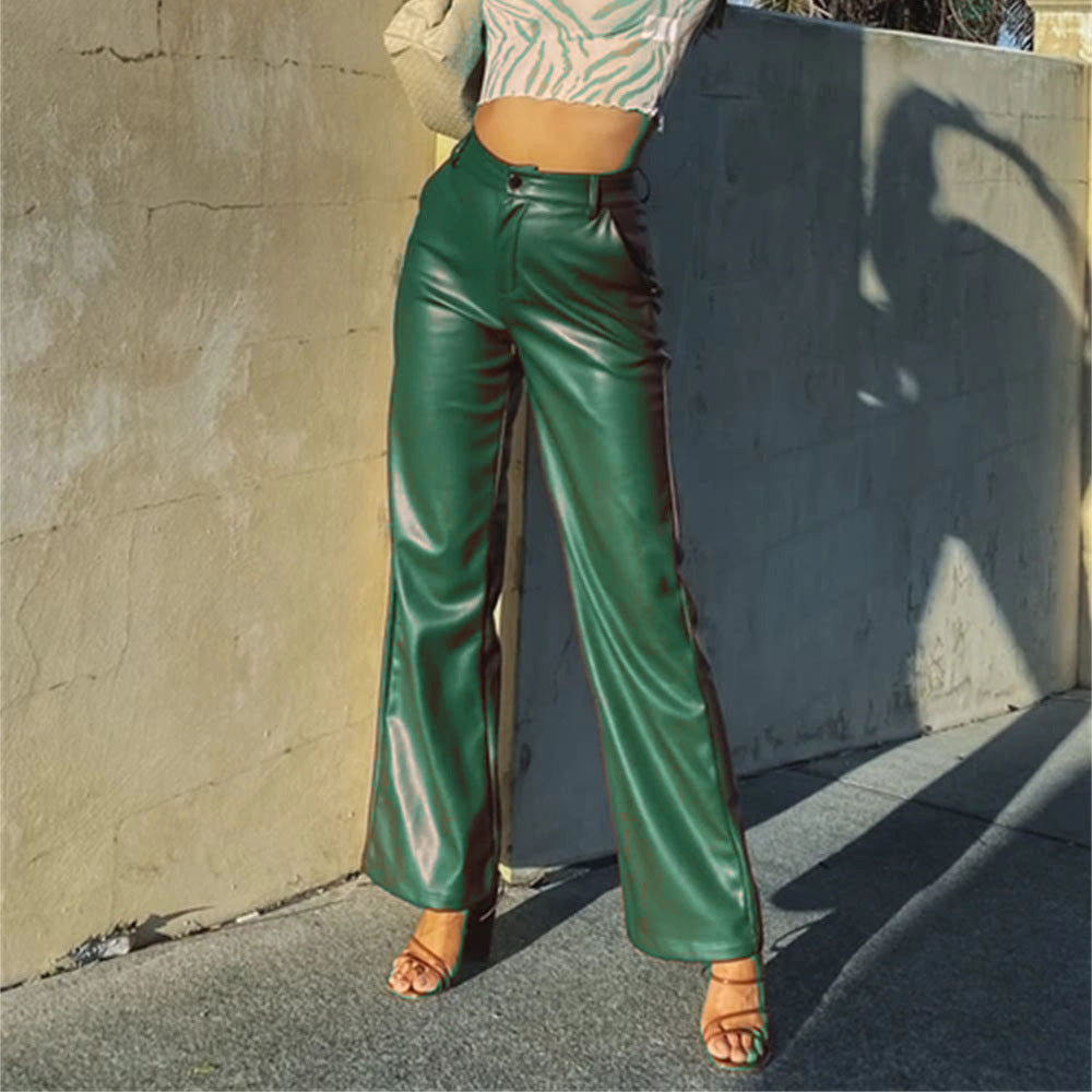 Women's Leather High Waist  Straight Leg Jeans Look Pants