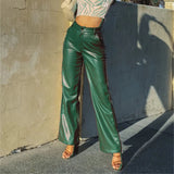 Women's Leather High Waist  Straight Leg Jeans Look Pants