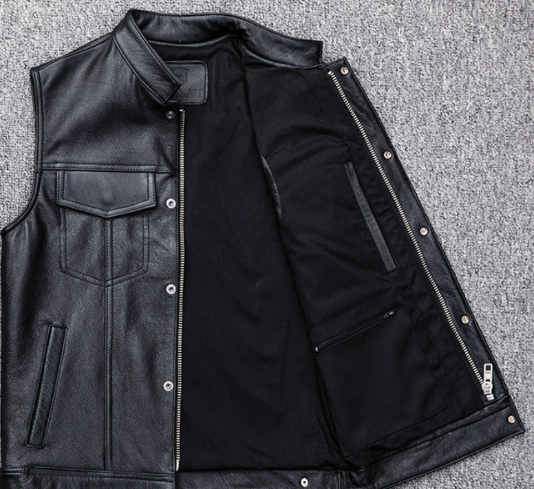 Men's Leather Waistcoat Vest Zipper Button  Motorbike Tops