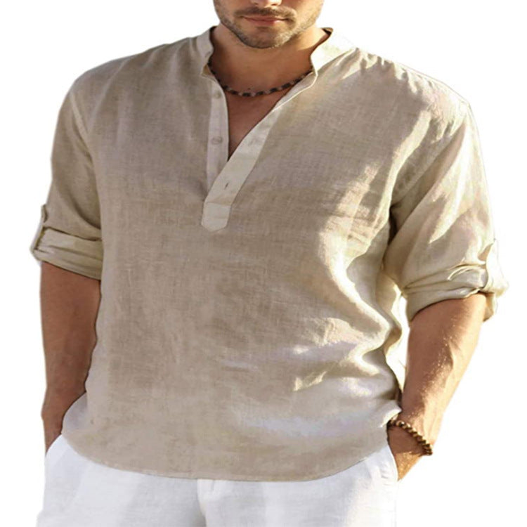Men's Casual Baggy Cotton Linen Solid Long Sleeve Pocket Stand Collar Shirts Top