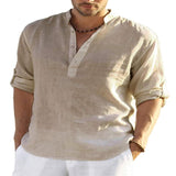 Men's Casual Baggy Cotton Linen Solid Long Sleeve Pocket Stand Collar Shirts Top