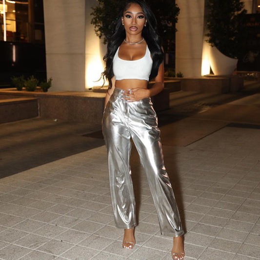 Women's Faux Leather Metallic High Waist Pants Straight Wide Leg Pants Punk Trousers