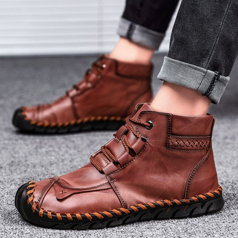 Mens Casual Leather Shoes Ankle Chukka Boots Slip On Lightweight Loafers Mid top Walking Driving Shoes for Male
