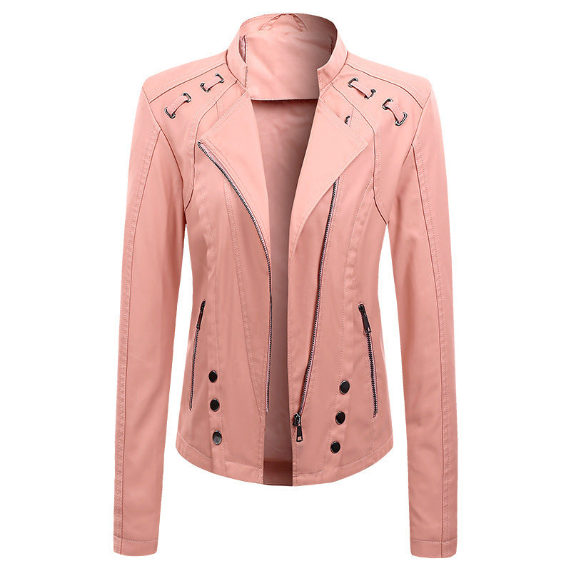 Womens Faux Leather Motobiker Jacket Coat / 2 Pocket Upfront