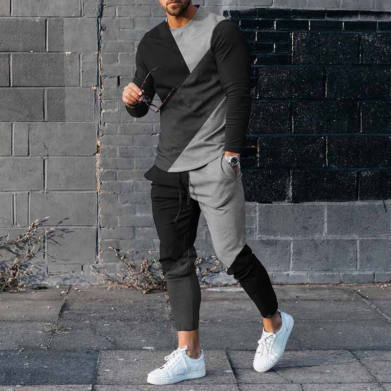 Mens Sweatsuit Round Neck Long Sleeve T-shirt Trousers Suit Men