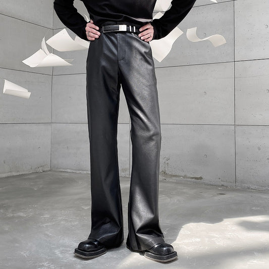 Mens Leather Bell Bottoms Slim Fit 70s Disco Flare Stacked Pants for Men