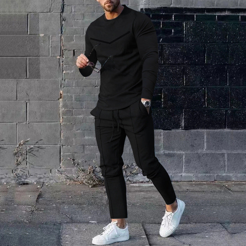 Mens Sweatsuit Round Neck Long Sleeve T-shirt Trousers Suit Men