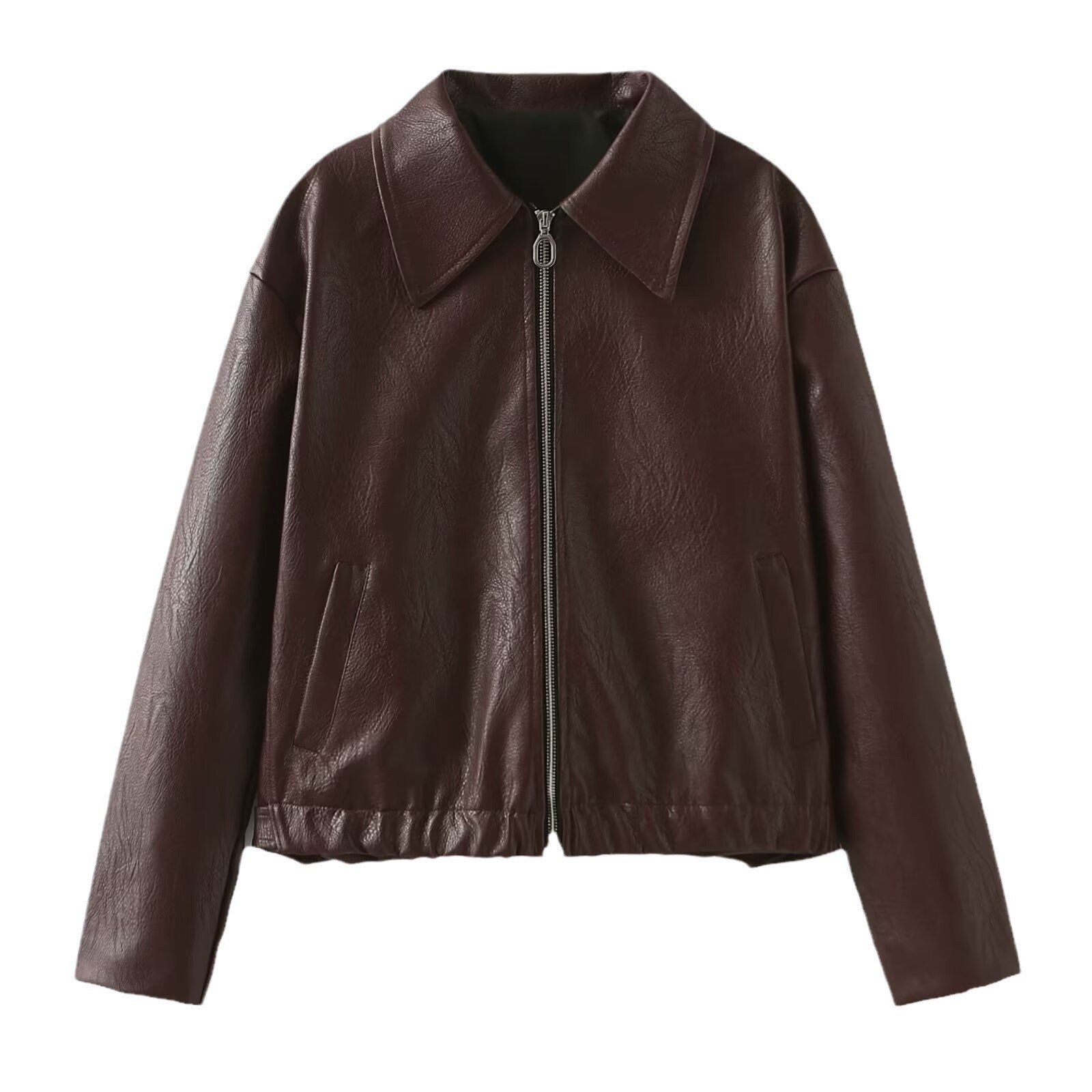 Womens faux Leather Jackets Solid Color Lapel Zipper Long Sleeve Leather Coat