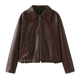 Womens faux Leather Jackets Solid Color Lapel Zipper Long Sleeve Leather Coat