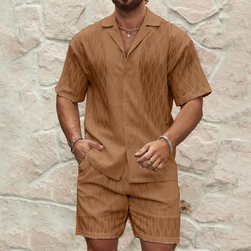 Men Summer Fashion Solid Loose Casual Two Pieces Lapel Button Shirt Shorts Beach Holiday