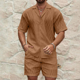 Men Summer Fashion Solid Loose Casual Two Pieces Lapel Button Shirt Shorts Beach Holiday