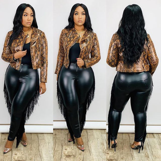 Womens Faux Leather Tassel Wrap Buttocks 9 Inch Large Pants