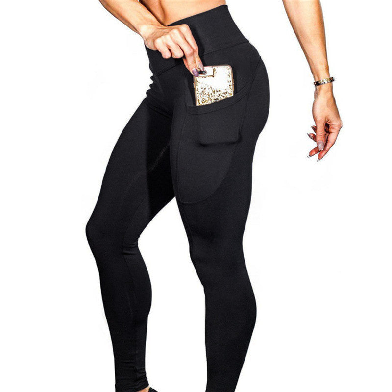 Women Mobile phone pocket leggings female solid color high elastic yoga hip high waist yoga pants
