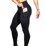 Women Mobile phone pocket leggings female solid color high elastic yoga hip high waist yoga pants