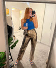 Women's Faux Leather Metallic High Waist Pants Straight Wide Leg Pants Punk Trousers