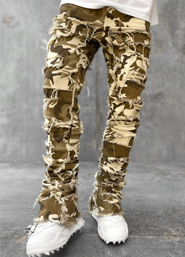 Men Patched Pants Long Tight Fit Stacked Jeans For Mens