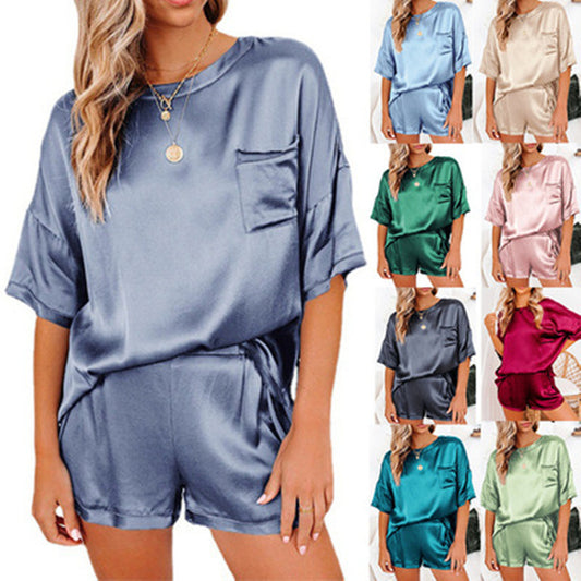 Women's Short Sleeve Silk Pajamas Set Print Satin Sleepwear Homewear Nightwear