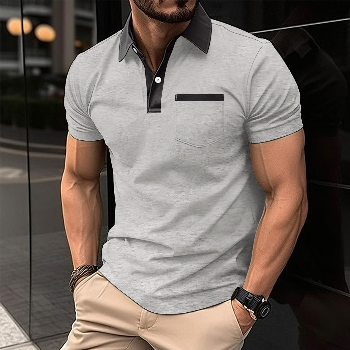 Mens Polo Shirt Lapel Fashion Slim Pocket Short-sleeved Oxford Tshirt