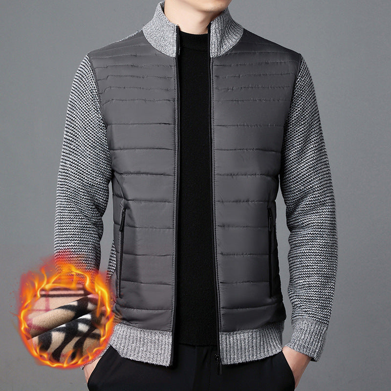 Men's Stand Collar Stitching Velvet Padded Sweater Knitwear Jacket