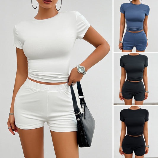 NEW Stylish Women Solid Color Round Neck Short Sleeve Casual Sport Short Outfits