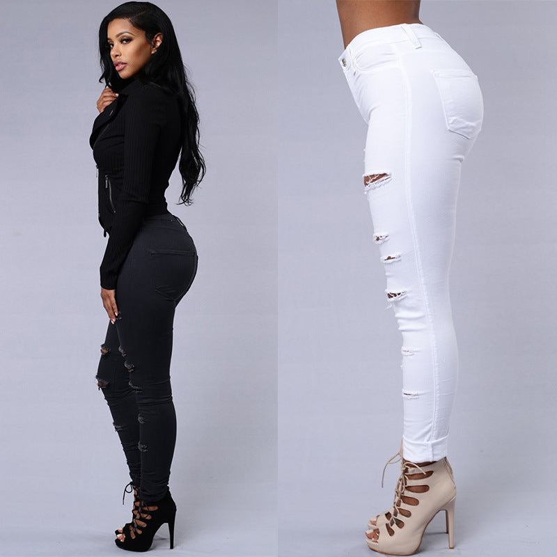 Womens High Waist Ripped Jeans Skinny Pants Leggings, Slim Stretch pencil Pant