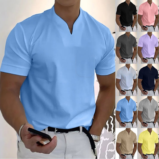 Mens Summer Short Sleeve Shirt Men Fitness Plus Size Sports T-Shirt Elastic Cotton Pocket