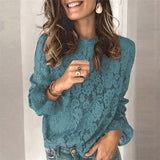 Womens  Round Neck Lace Shirt Ladies  Hollow Casual slim shirt