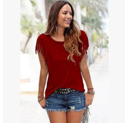 Ladies Europe and America big size round neck short sleeve cuffs tassel T-shirt cotton tops