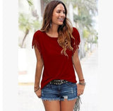 Ladies Europe and America big size round neck short sleeve cuffs tassel T-shirt cotton tops