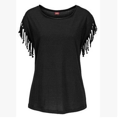 Ladies Europe and America big size round neck short sleeve cuffs tassel T-shirt cotton tops