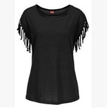 Ladies Europe and America big size round neck short sleeve cuffs tassel T-shirt cotton tops