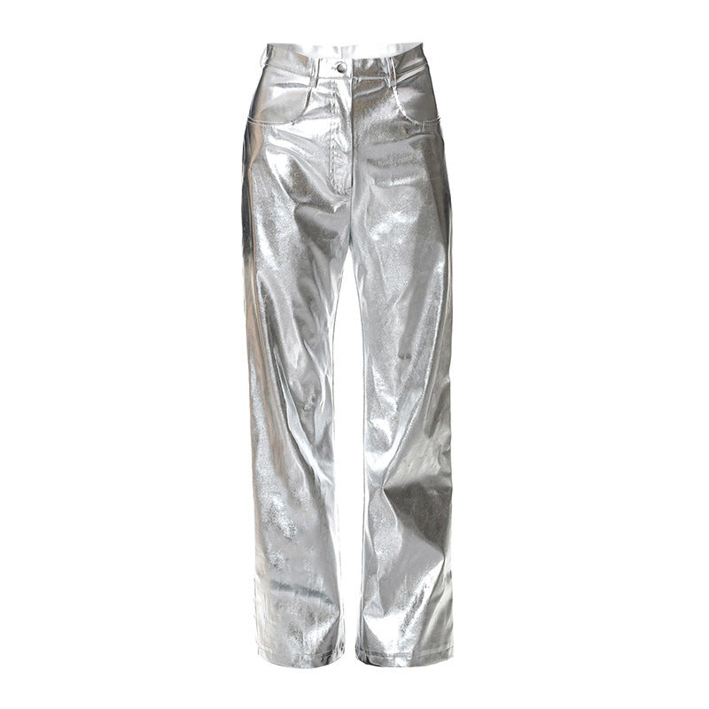 Women's Faux Leather Metallic High Waist Pants Straight Wide Leg Pants Punk Trousers