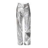 Women's Faux Leather Metallic High Waist Pants Straight Wide Leg Pants Punk Trousers