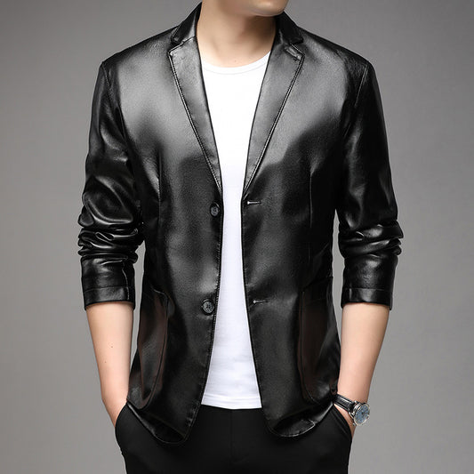 Men's casual Notched Collar 2 Button Slim Moto Faux Leather Blazer Jacket