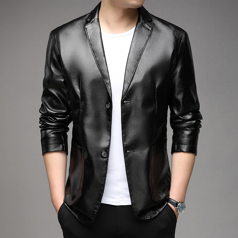 Men's casual Notched Collar 2 Button Slim Moto Faux Leather Blazer Jacket