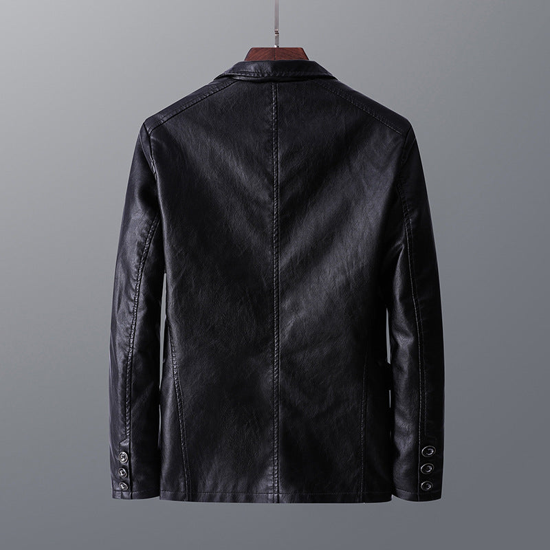 Men's Casual Notched Collar 2 Button Slim Moto Faux Leather Blazer Suit Jacket