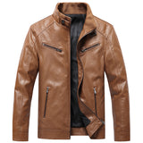 Mens Bomber Faux Leather Jacket Stand Collar Fleece Lined