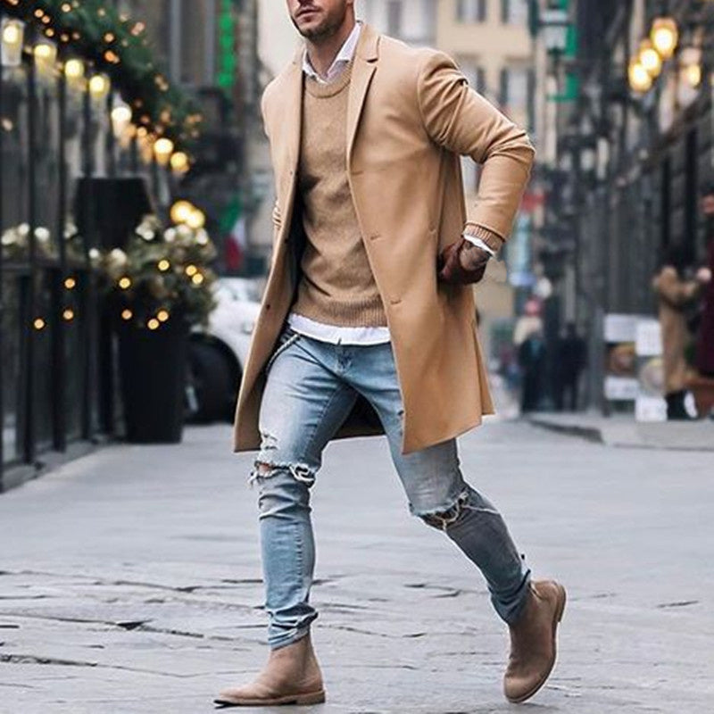 Mens Winter Trench Coats Outwear Overcoat Long Sleeve Button Up Khaki Black Coat jacket
