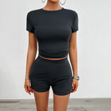 NEW Stylish Women Solid Color Round Neck Short Sleeve Casual Sport Short Outfits