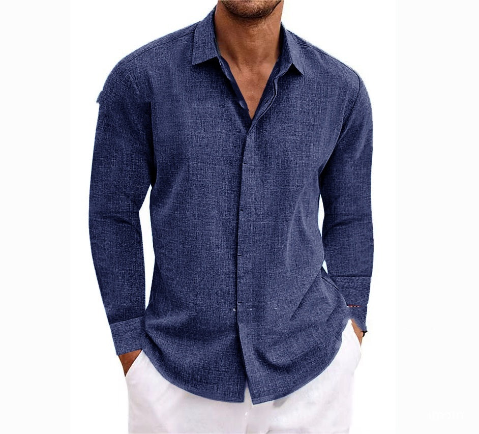 Mens Fashion Long Sleeve T-shirt Undershirt Solid Color Long Sleeve Cotton Linen Shirt Men