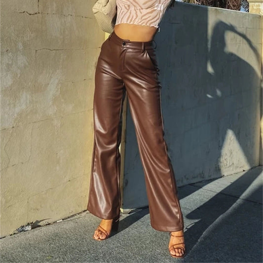 Women's Leather High Waist  Straight Leg Jeans Look Pants