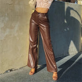 Women's Leather High Waist  Straight Leg Jeans Look Pants